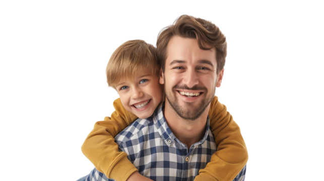 Portrait of happy father and son isolated on a white background