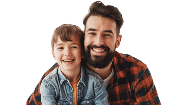 Portrait of happy father and son isolated on a white background