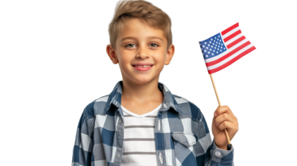 A positive smiling boy holding the American flag isolated on a transparent background