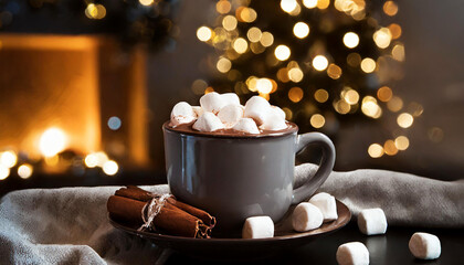 hot cocoa with marshmallows cup standing on a wooden table in home with a blurred Christmas tree in the background. Mockup background with empty space for text, presentation product. Generative AI