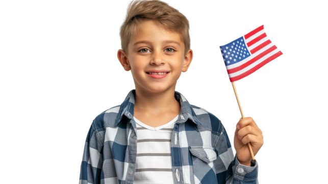 A positive smiling boy holding the American flag isolated on a transparent background