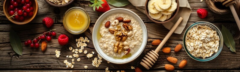 Many different foods that are on a wooden table. porridge ingredients , food background . Banner