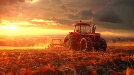 Obraz premium Farm Tractor Passes Over Grass Field During Sunset