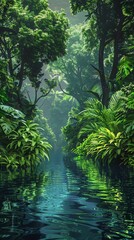 A lush green jungle with a river running through it. The trees are tall and the leaves are a vibrant green. The water is clear and reflects the sky.