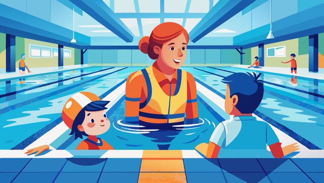 Swimming Lesson with Instructor and Children at Indoor Pool. World Drowning Prevention Day