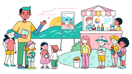 Colorful Beach Scene with Diverse Families and Food Stand Illustration. World Drowning Prevention Day