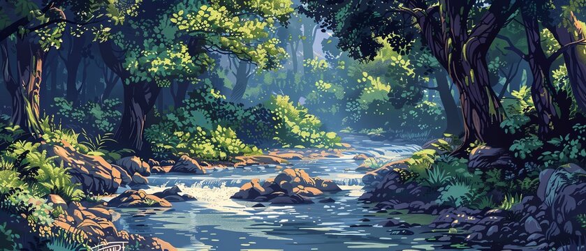 Create a pixel art image of a forest stream
