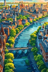 Obraz premium A beautiful cityscape of a river flowing through the middle of a city