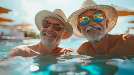 Senior LGBTQ couple relaxing at a hotel poolside, enjoying the sun