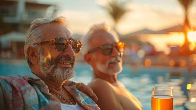 Senior LGBTQ couple relaxing at a hotel poolside, enjoying the sun