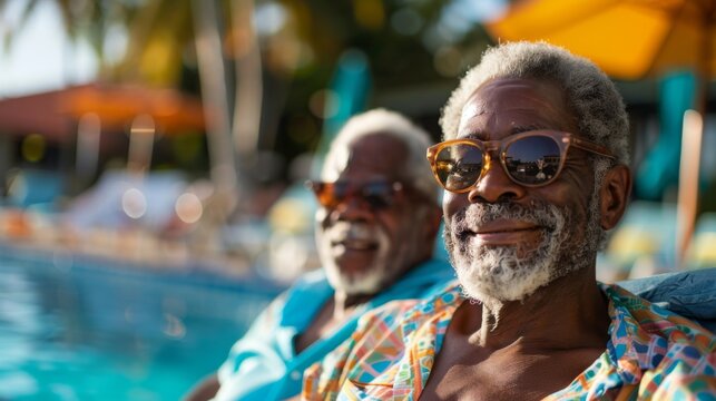 Senior LGBTQ couple relaxing at a hotel poolside, enjoying the sun
