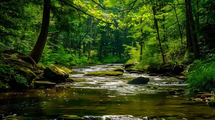 Obraz premium Peaceful Forest Stream with Mossy Rocks and Green Foliage