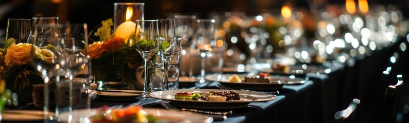 Tables set up for a formal dinner with candles and flowers