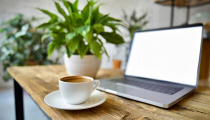 Wooden table with laptop with blank white screen mockup, cup of coffee and potted plant. Cozy workspace in a cafe or office. Mockup background with empty space for text. Generative AI