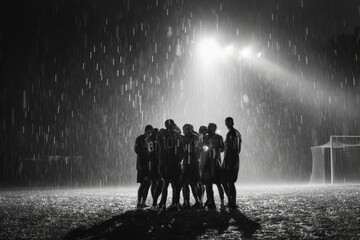 Solemn Soccer Team Consoling Each Other in Heavy Rain After Hard-Fought Match - Sports Photography