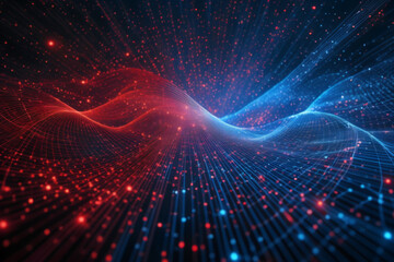 An abstract tech backdrop featuring a cyber network grid and interconnected particles. Artificial neural networks, worldwide data links