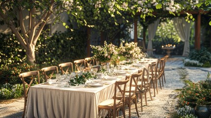 Elegant outdoor dining setup in a lush garden with a long wooden table, chairs, and soft evening light, perfect for events or gatherings.