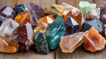 Collection of various raw gemstones in different colors and shapes, arranged on a wooden surface.