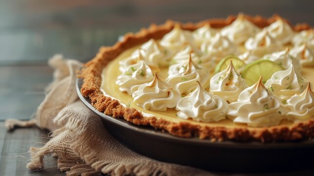 Delicious homemade key lime pie with whipped cream topping, displayed on a rustic table, perfect for dessert or food photography.