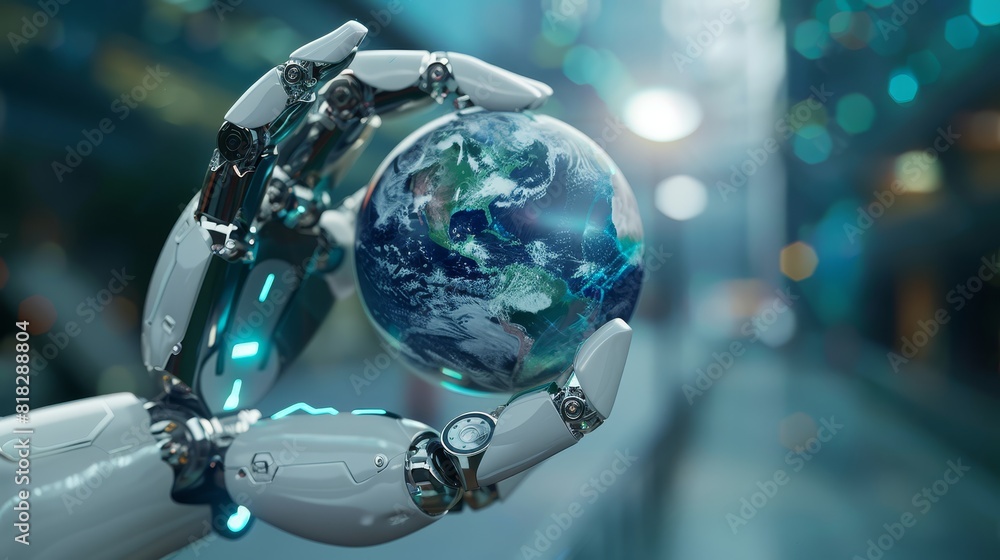 Poster futuristic robotic hand holding planet earth, representing advanced technology and global connection