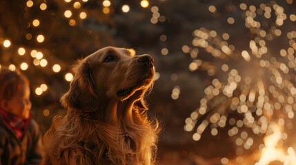 Golden Retriever looks at fireworks with child in background, illuminated by sparkles and festive lights, capturing warmth and celebration.
