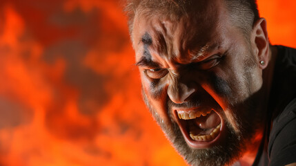 Man with a beard and black face paint screams intensely, with a fierce expression against a fiery orange background.