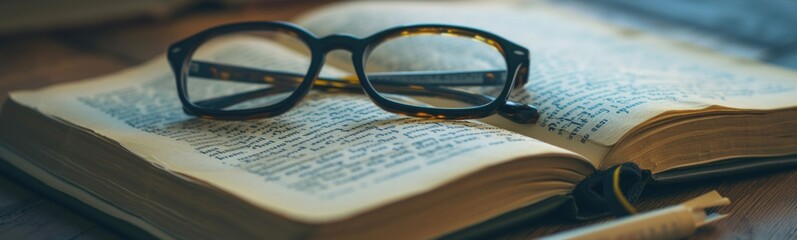 Glasses on top of an open book on a table