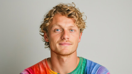 blonde boy with curly hair wearing rainbow colored shirt and smiling into camera