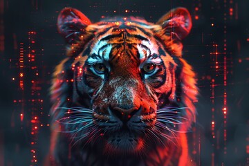 Glitch Tiger A powerful tiger with its stripes distorted in a digital glitch effect, symbolizing the intersection of nature and technology