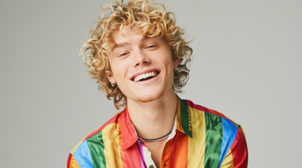 blonde boy with curly hair wearing rainbow colored shirt and smiling into camera