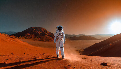 A lonely astronaut in a spacesuit walking on the sandy soil of Mars. The concept of colonization of other planets in the future. Generative AI