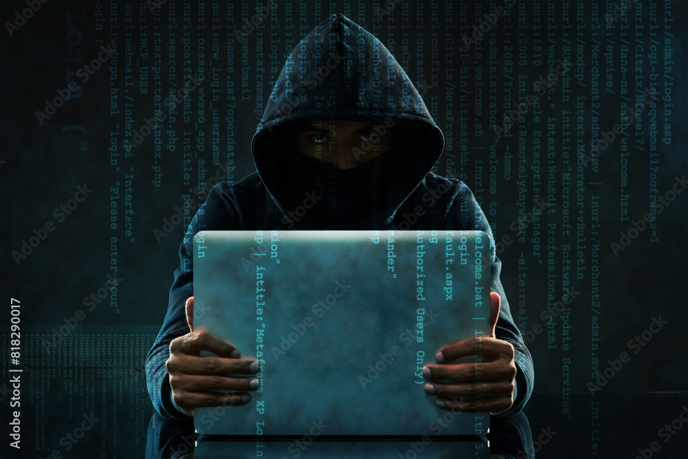 Aufkleber Code overlay, laptop and portrait of hacker for programming, coding and information technology in dark. Cybersecurity, user interface and person with computer for online crime, fraud and virus