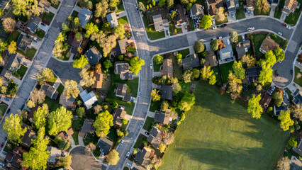 spring sunrise over residential area of Fort Collins in Colorado, aerial panorama