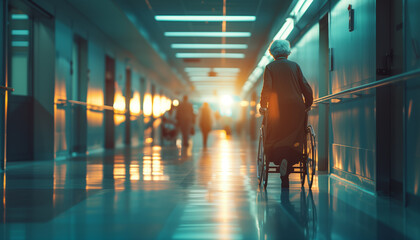 Elderly patient using a walker in a welllit hospital hallway, representing the journey of healthcare, aging, and recovery