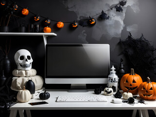 Dark working space in Halloween theme decor with white desktop computer mockup design.