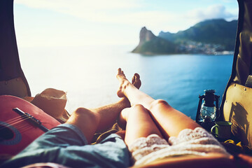 Couple, legs and van from view with road trip in Cape Town, beach vacation with relax in summer....