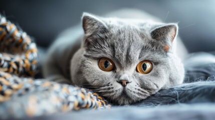 Gray British Shorthair cat lying on a blanket. Studio pet portrait with soft focus.