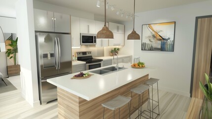 Modern kitchen interior with stainless steel appliances and wooden island