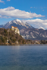 Bled Castle and Julian Alps in winter