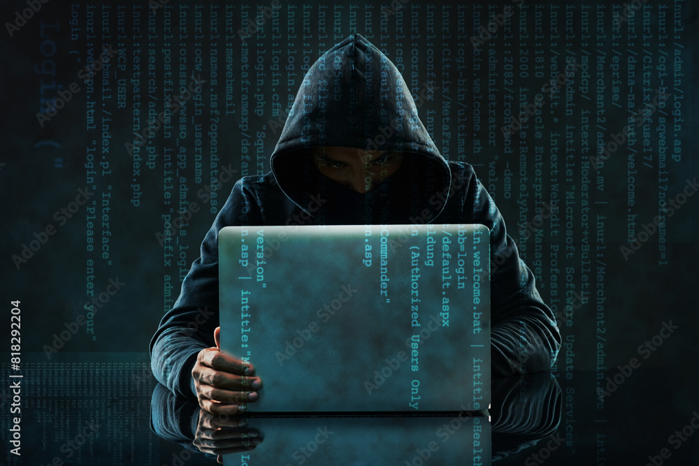 Aufkleber Coding, overlay and hacker on laptop in dark for programming, malware and information technology. Cybersecurity, user interface and person with computer for online crime, fraud and website virus