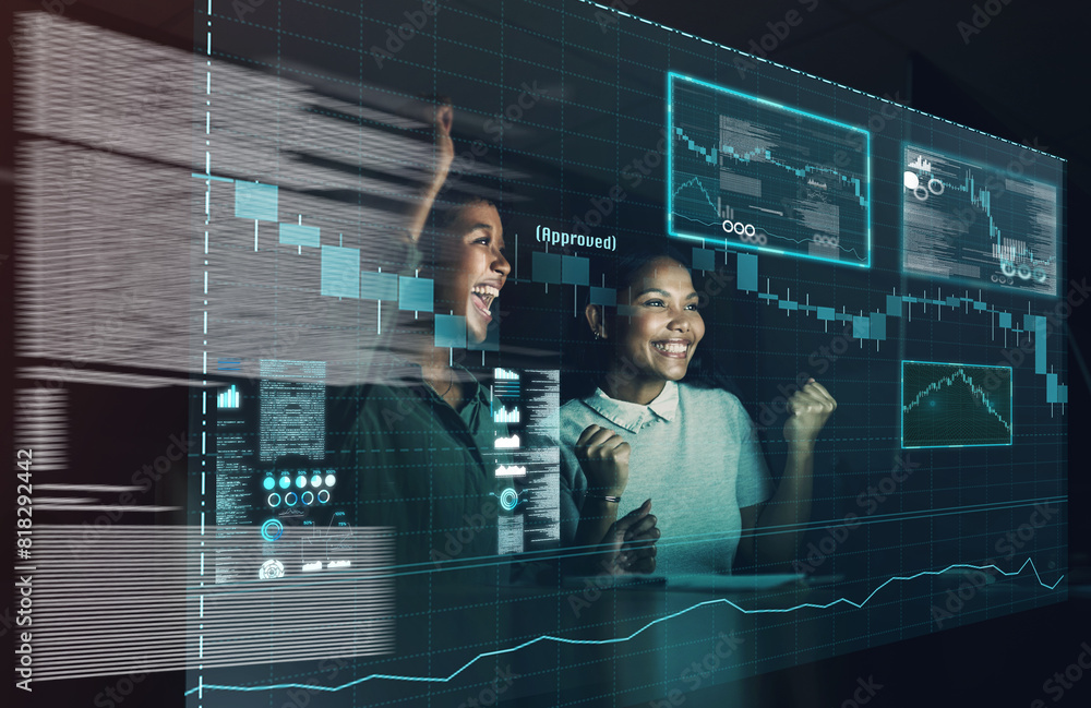 Aufkleber Women, teamwork and statistics overlay with data analytics or excited, collaboration or growth. Female people, strategy and charts or problem solving solution with celebration, brainstorming or tech