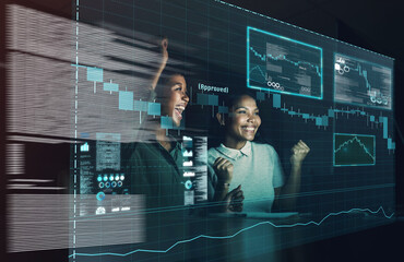 Women, teamwork and statistics overlay with data analytics or excited, collaboration or growth. Female people, strategy and charts or problem solving solution with celebration, brainstorming or tech