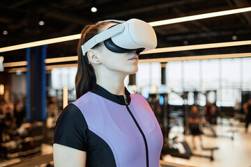 Naklejka premium Side view portrait of young woman wearing VR gear in gym using technology in training copy space