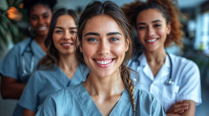 Fototapeta premium Smiling female healthcare professionals in blue scrubs standing together in a hospital setting