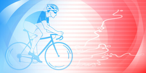 Cycling themed background in the colors of the national flag of France, with sport symbols such as an athlete cyclist and a bike race route, as well as abstract curves and lines
