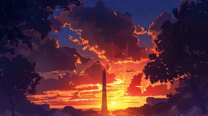 Silhouettes of towering monuments cast long shadows against a fiery sunset sky, as the nation pays homage to its founding fathers with solemn reverence.