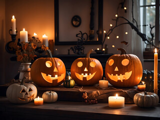Halloween décor for a home's living room that includes calabazas with illuminated faces and velvet curtains design.