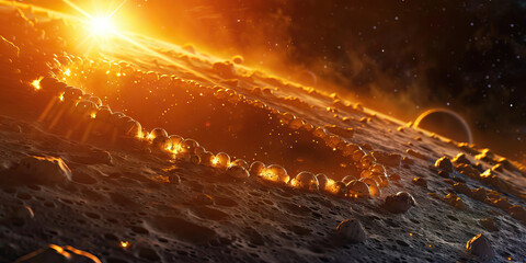 An asteroid belt, its inhabitants huddled close together for warmth against the chill of interplanetary space, reflects the warm glow of their nearby star.