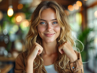 Obraz premium Woman with Long Brown Hair Smiling