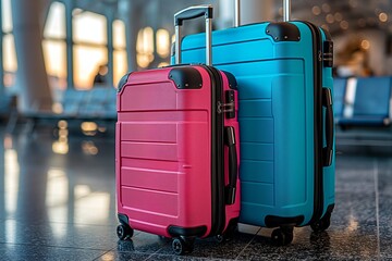 Two colorful hardshell suitcases in an airport